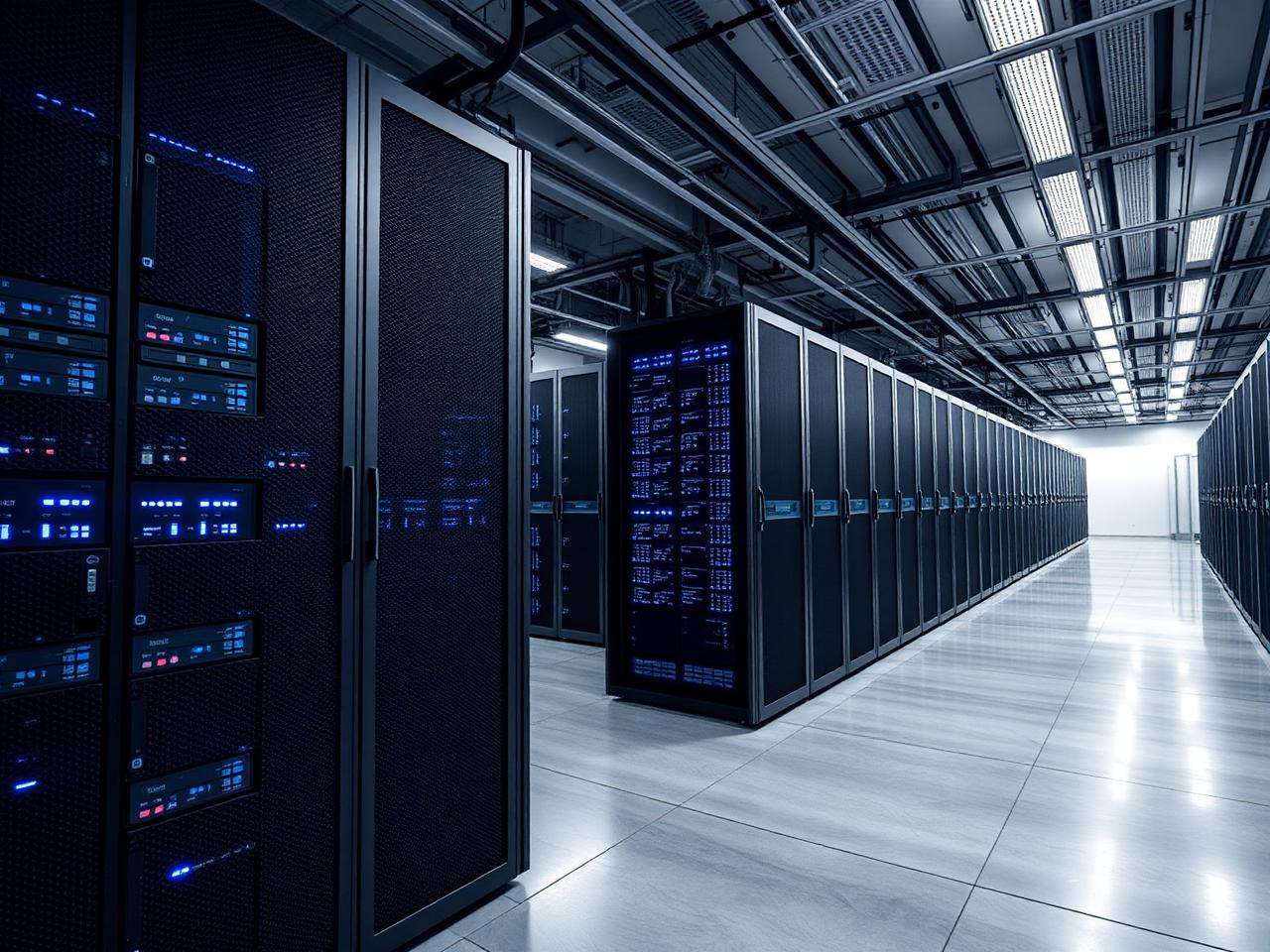 Rows of server racks inside a modern AI data centre