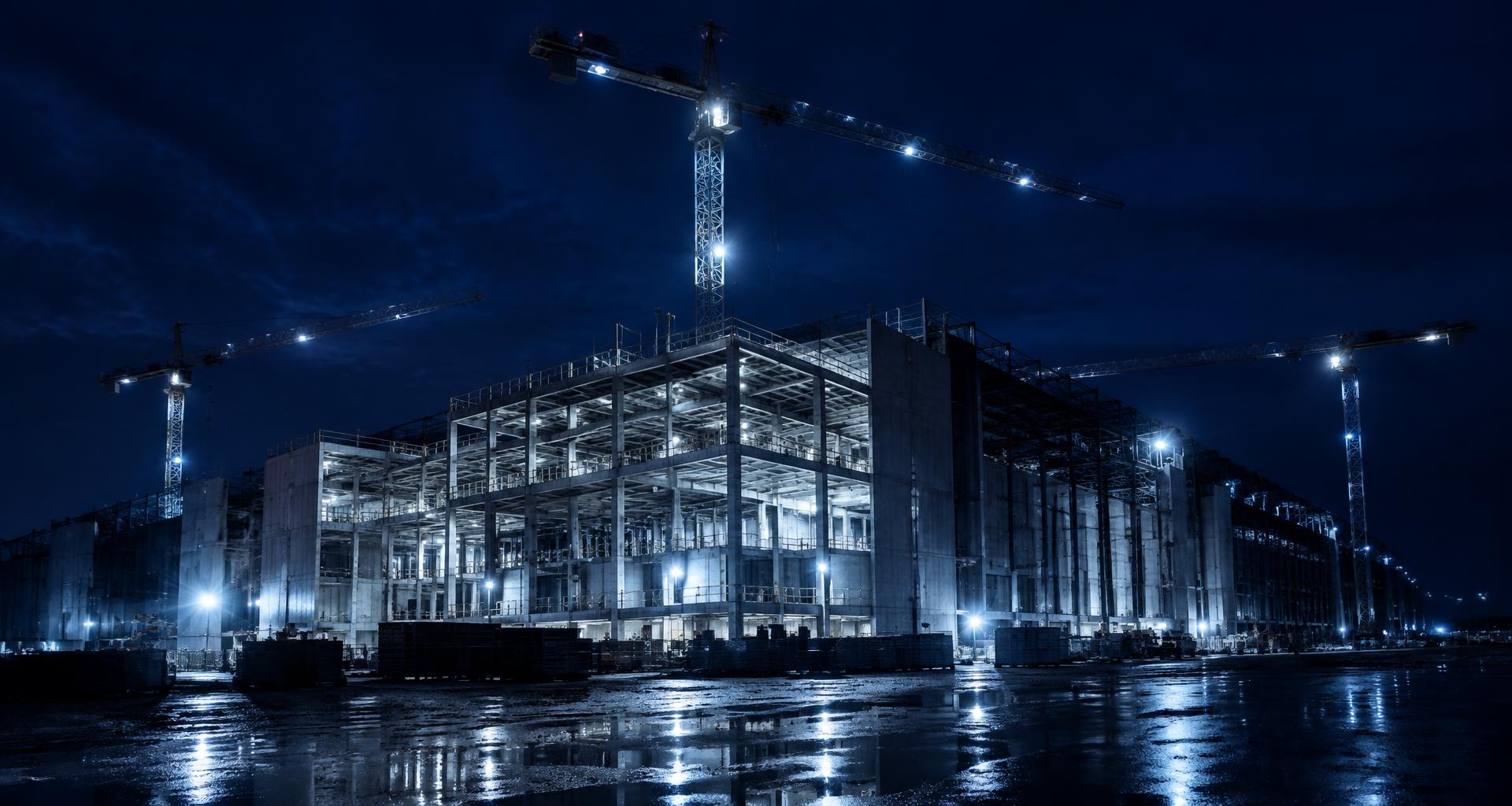 A data centre building under construction at night with tower cranes