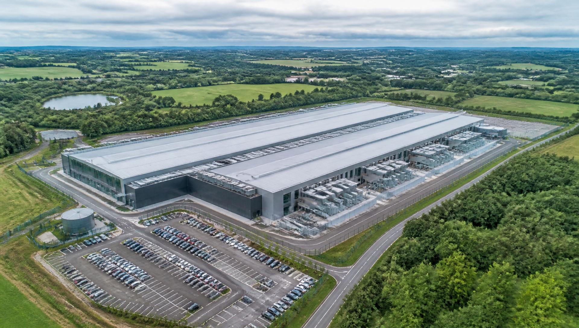 Aerial view of a large data centre campus in the UK countryside