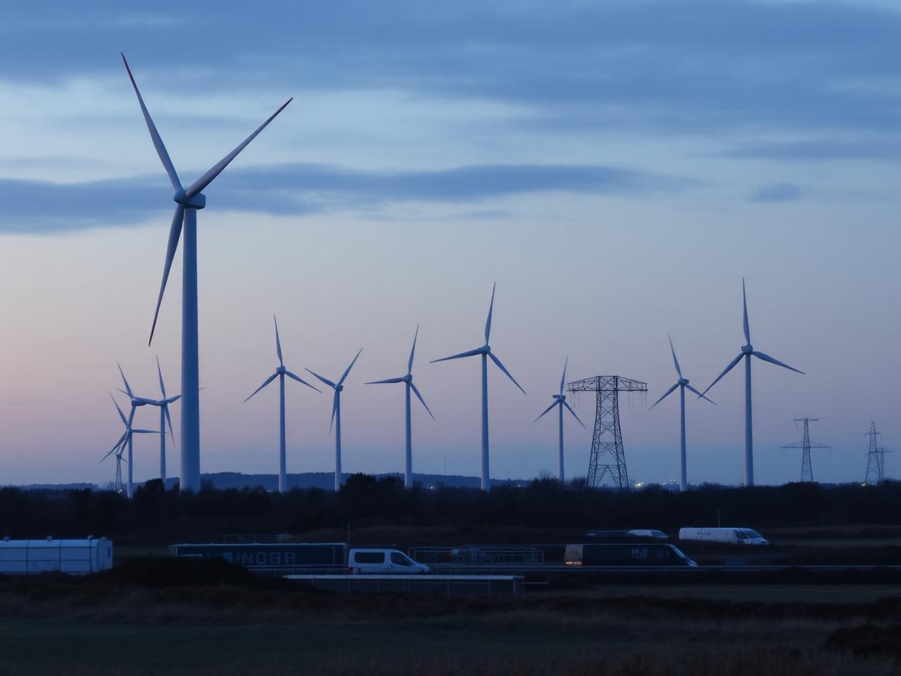 Wind turbines and a substation at dusk near the Humber estuary