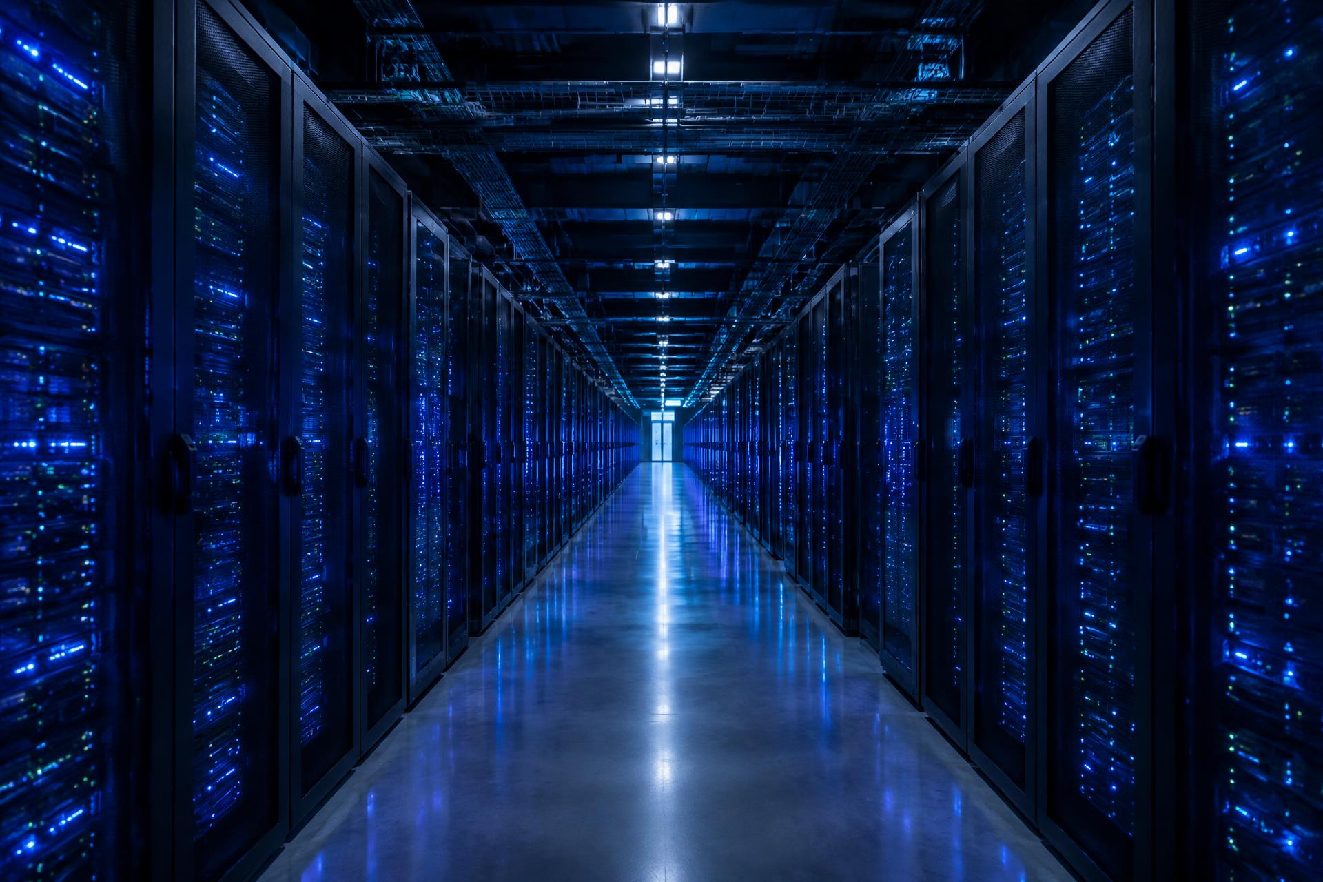 Rows of AI compute racks inside a hyperscale data centre server hall